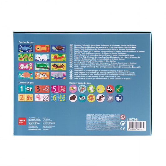 Giochi con animali 3 in 1 - Puzzle, Domino e Memory