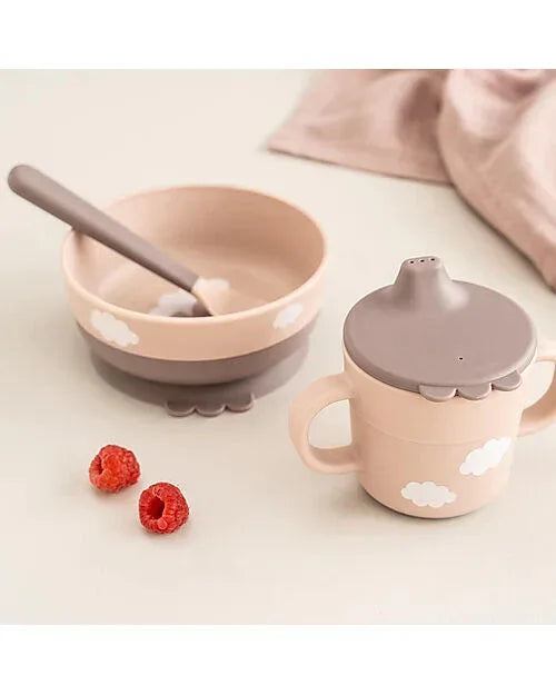 Set Pappa Foodie - Ciotola Tazza e Cucchiaio - Happy Clouds - Rosa Cipria - 100% PP Alimentare - Munakids