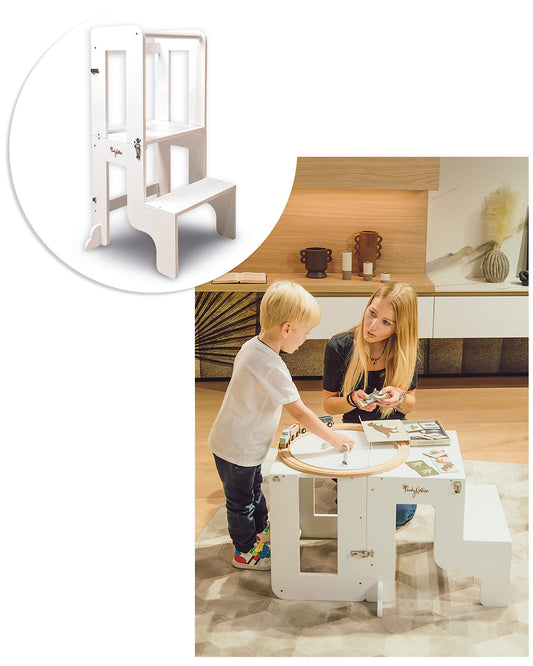 Torre Montessori 2 in 1 - Bianco - Convertibile in Tavolo+Sedia