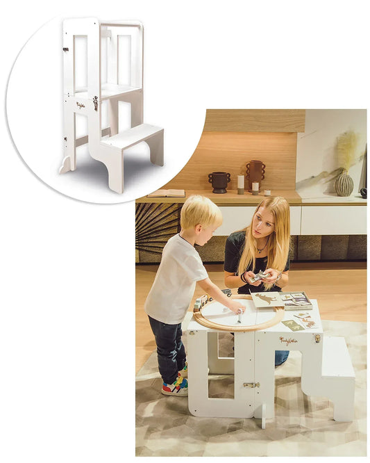 Torre Montessori 2 in 1 - Bianco - Convertibile in Tavolo+Sedia - Munakids