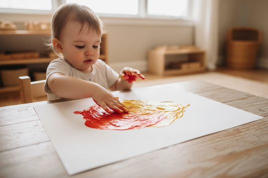 Bambino di 18 mesi che esplora i colori per le dita su un foglio bianco