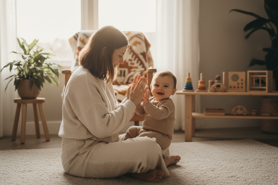 Mamma che gioca con le mani con il suo bambino - giochi per lo sviluppo 0-3 anni