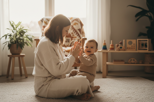 Mamma che gioca con le mani con il suo bambino - giochi per lo sviluppo 0-3 anni