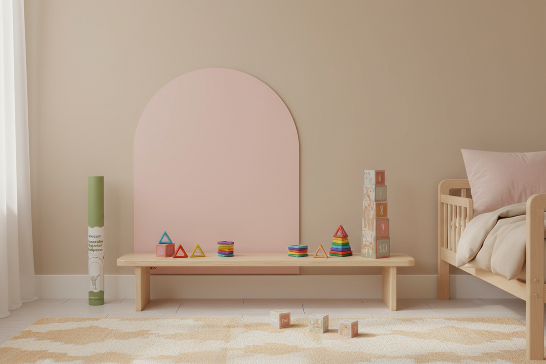 Cameretta ordinata con lavagna magnetica Kinderly, Connetix e cubi Little Dutch