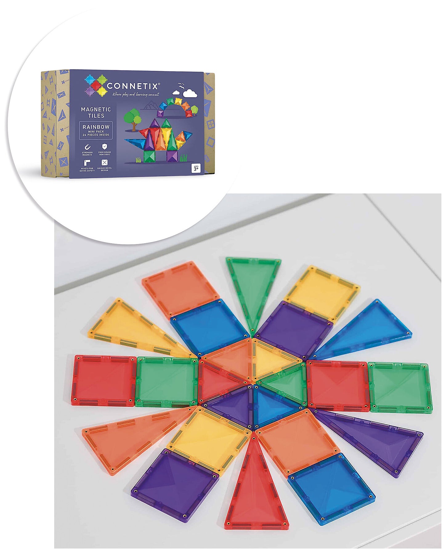 Connetix tessere magnetiche24 Pezzi - Confezione Mini - Arcobaleno - 100% Plastica ABS Atossica - Apprendimento STEM!