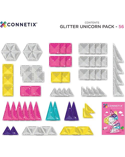 Connetix - tessere magnetiche - Set Unicorno Glitter - 56 Pezzi