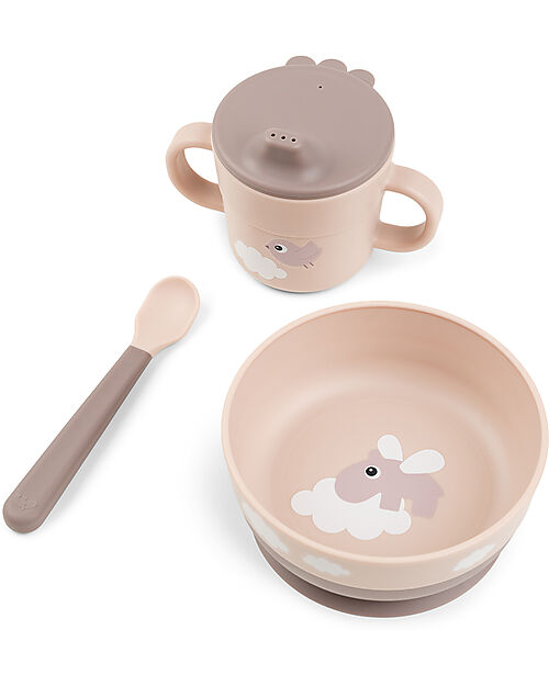 Set Pappa Foodie - Ciotola Tazza e Cucchiaio - Happy Clouds - Rosa Cipria - 100% PP Alimentare