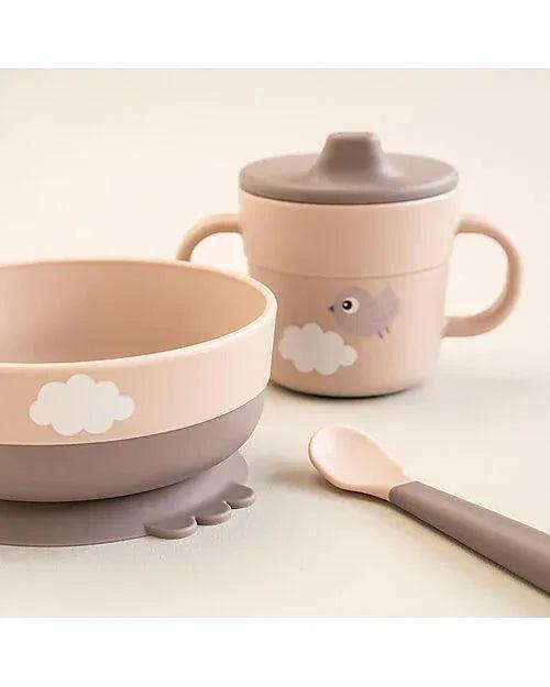 Set Pappa Foodie - Ciotola Tazza e Cucchiaio - Happy Clouds - Rosa Cipria - 100% PP Alimentare - Munakids