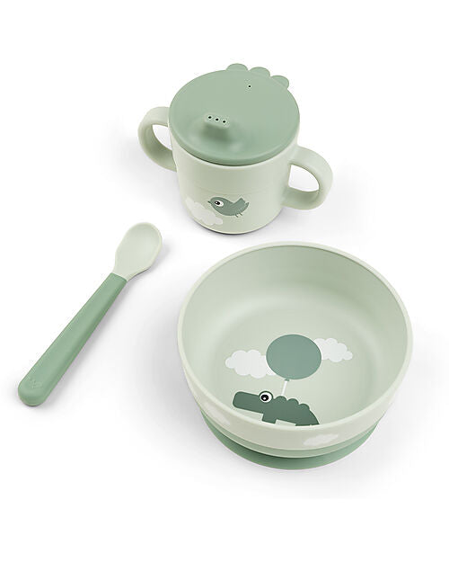 Set Pappa Foodie - Ciotola Tazza e Cucchiaio - Happy Clouds - Verde - 100% PP Alimentare