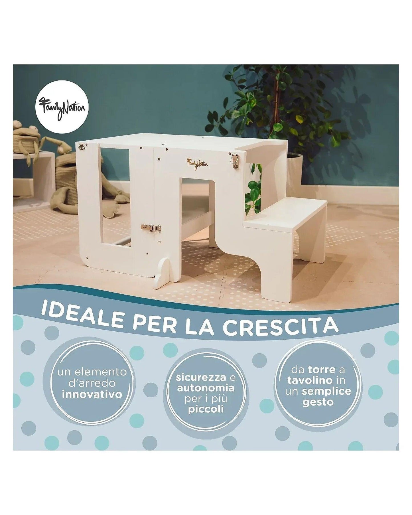 Torre Montessori 2 in 1 - Bianco - Convertibile in Tavolo+Sedia - Munakids