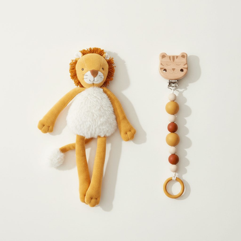 Kit Neonato Moulin Roty - Sonaglio Leone e Clip Porta Ciuccio La Foresta Mawa