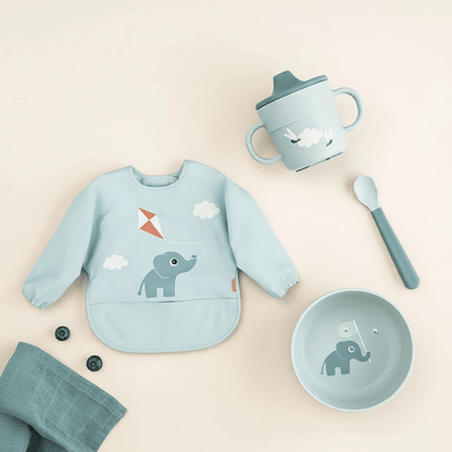 Kit Svezzamento Done by Deer - Set Pappa e Bavaglio Maniche Lunghe Elphee Blu