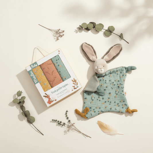 Set Nascita Moulin Roty - Teli Mussola e Doudou Coniglio Salvia