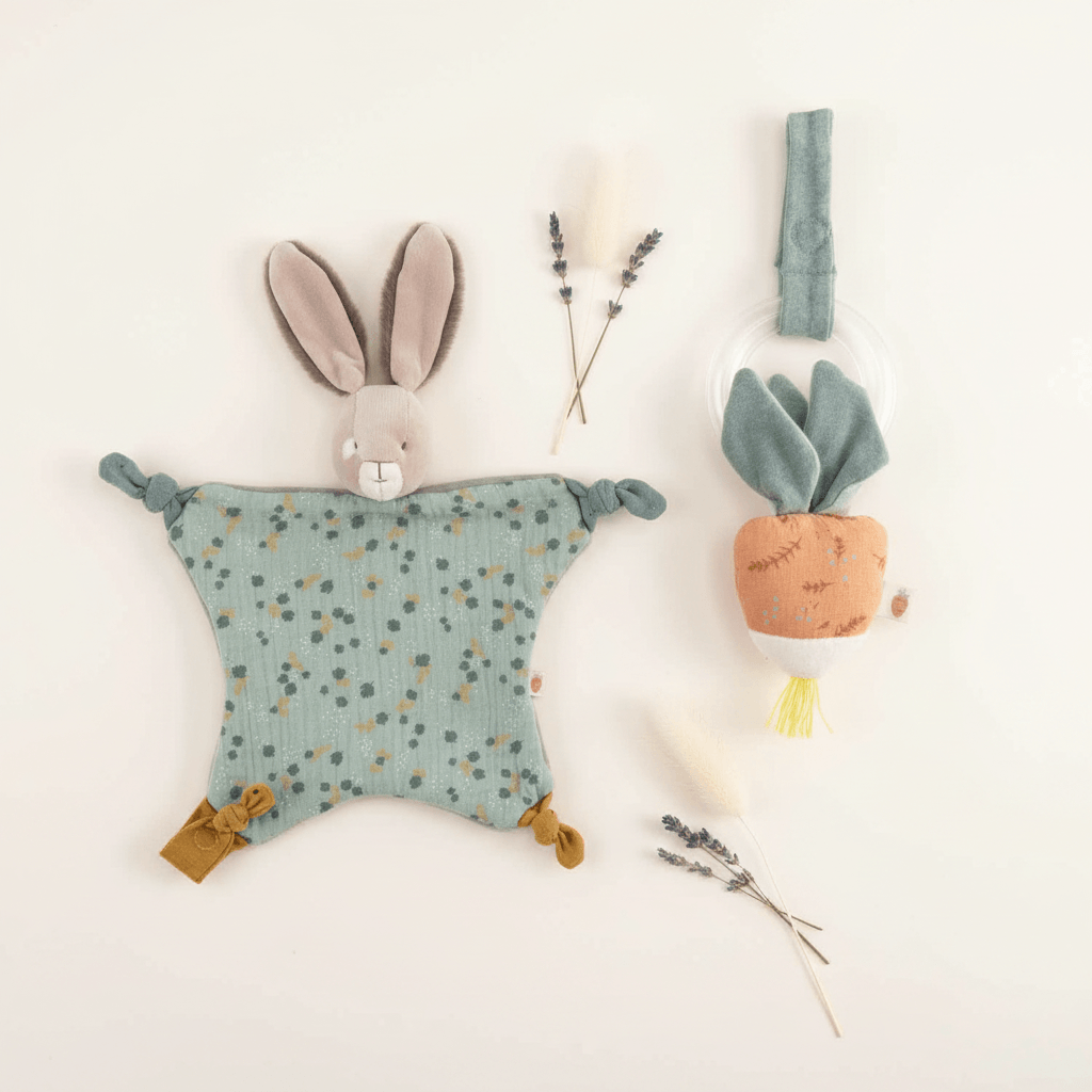 Set Neonato Moulin Roty - Doudou Coniglio Salvia e Sonaglio Rapanello