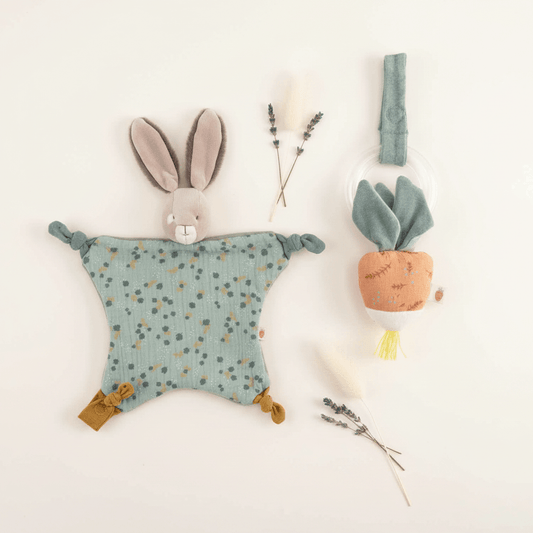 Set Neonato Moulin Roty - Doudou Coniglio Salvia e Sonaglio Rapanello