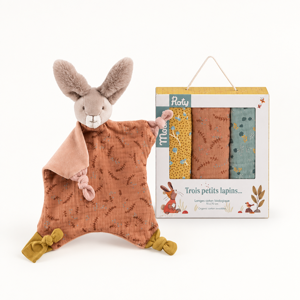 Set regalo nascita Moulin Roty con doudou e teli in mussola